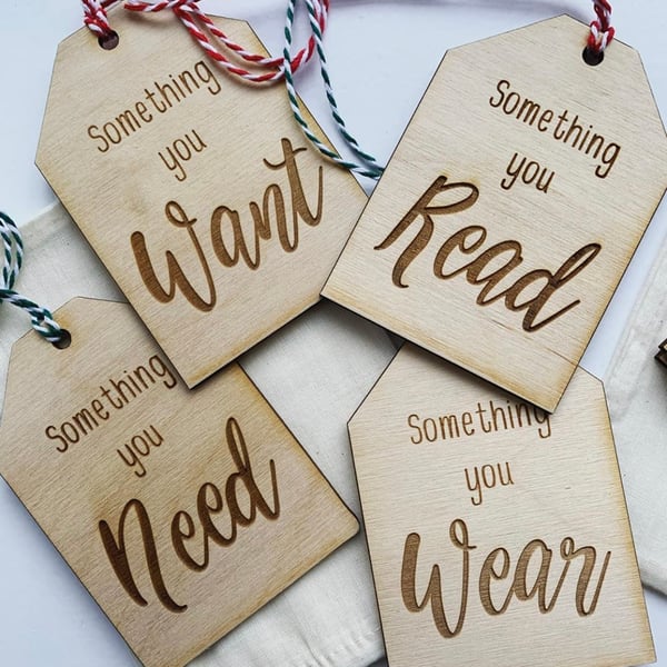 Wooden want, need, wear, read tags