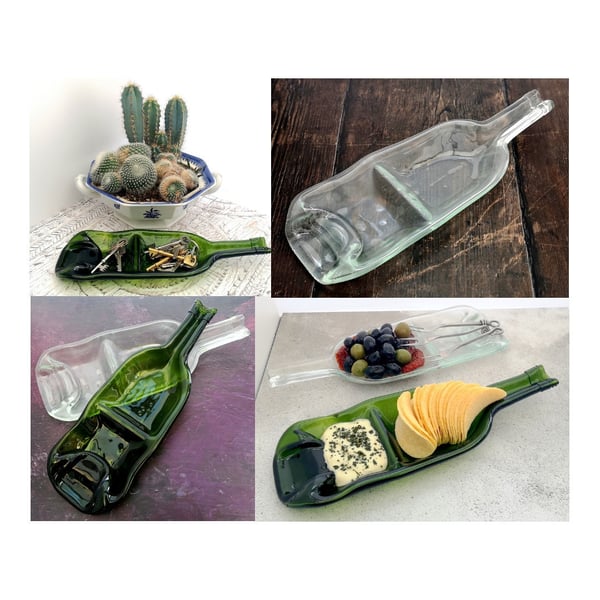 Handmade Fused Glass Recycled Wine Bottle Dual Split Dish - Slumped Bottle