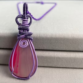 Purple & Hot Pink Wire Wrapped Agate Stone Teardrop Necklace