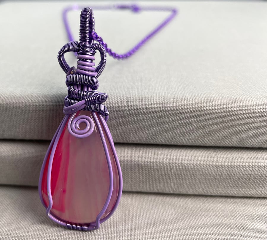 Purple & Hot Pink Wire Wrapped Agate Stone Teardrop Necklace