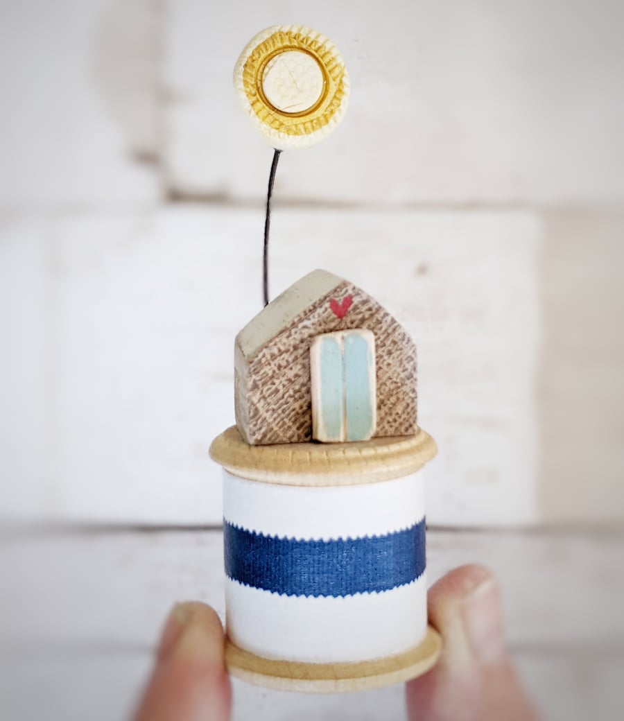 SALE Wooden Seaside Hut on a Vintage Nautical Bobbin with Clay Sunshine