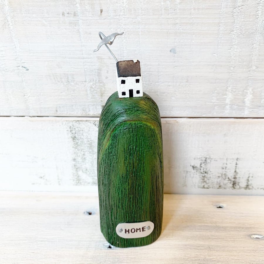 Handmade Wooden House on Hill with Metal Bird Sculpture Home Gift