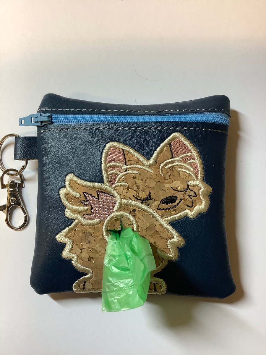 Embroidered Yorkshire terrier Navy Blue faux leather dog poo bag ,dog walking,