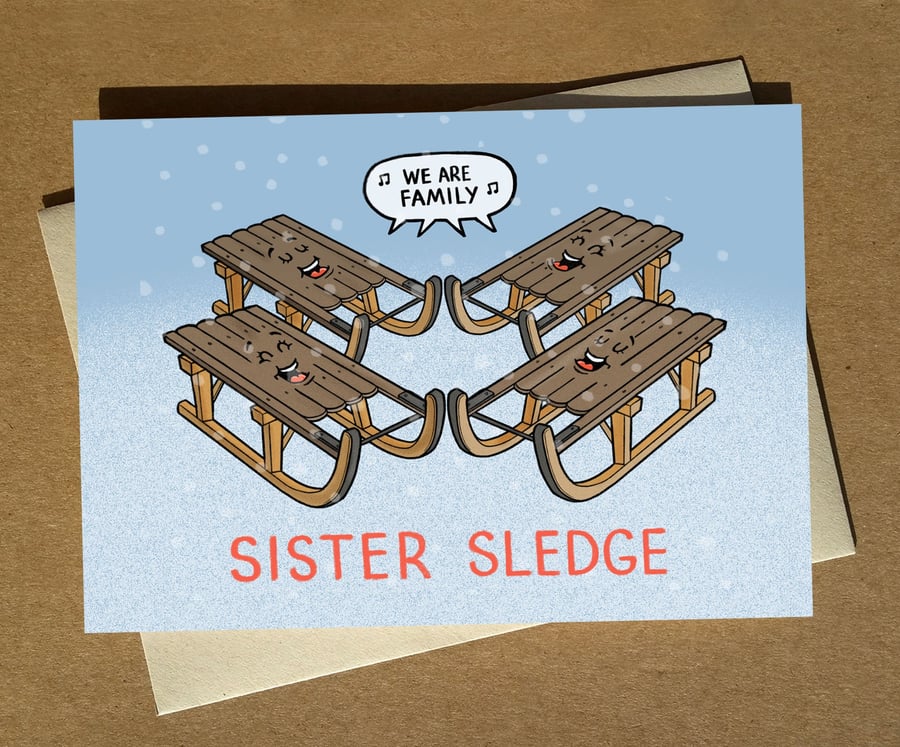 Sister Sledge Cartoon Pun Christmas Card A6 - Funny Music Humour Xmas Card