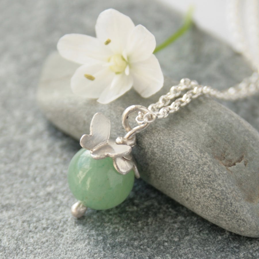Aventurine and silver butterfly necklace, gemstone necklace, birthday gift idea