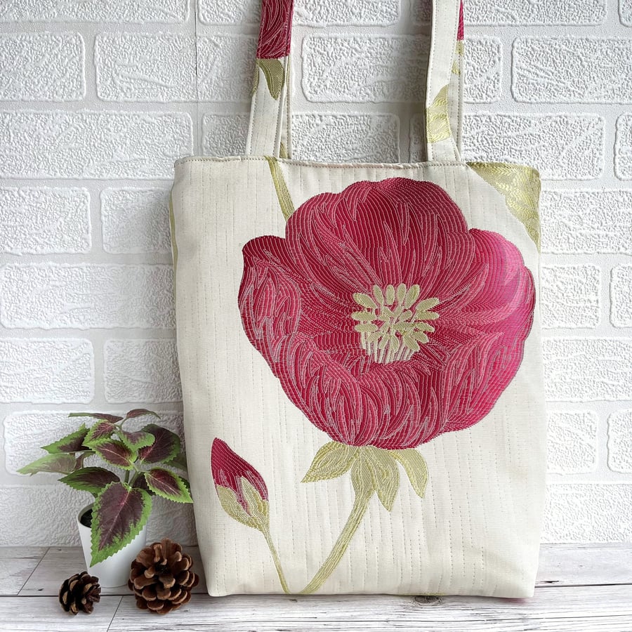 Tote Bag in Cream with Large Pink Flower