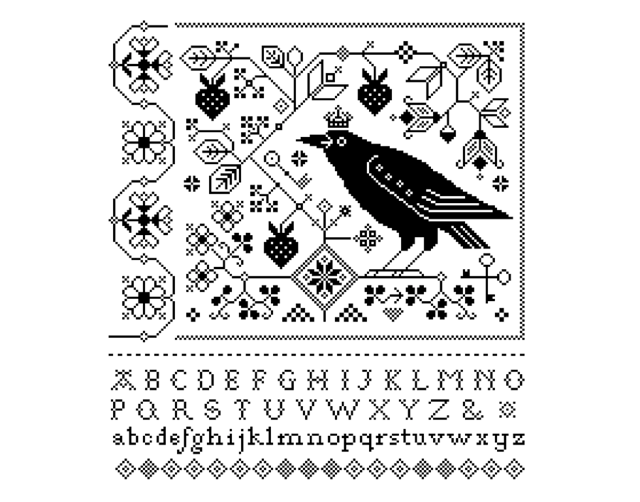 196 Cross Stitch Pattern Fraktur Raven Halloween Crow Blackbird Alphabet Sampler