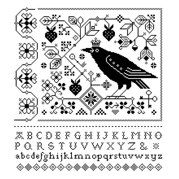 196 Cross Stitch Pattern Fraktur Raven Halloween Crow Blackbird Alphabet Sampler