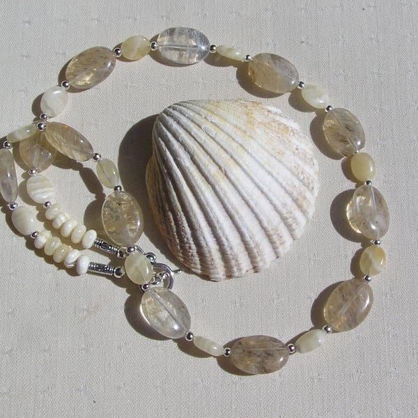 Yellow Tourmaline & Aragonite Gemstone Statement Beaded Necklace "Delight"