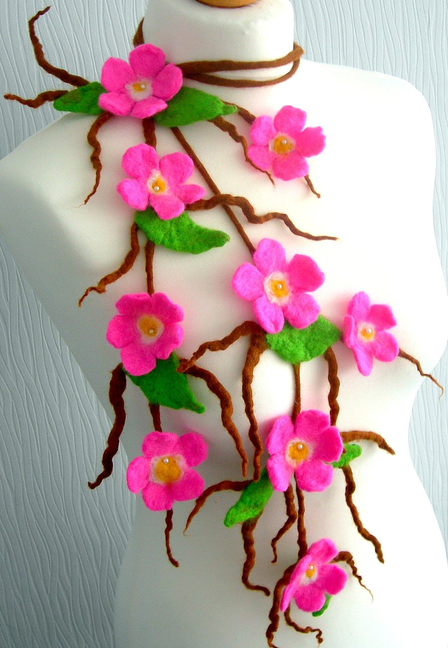  Hand Felted,  felted scarf-NECKLACE-100% WOOL MERINO-SAKURA  BLOSSOM-