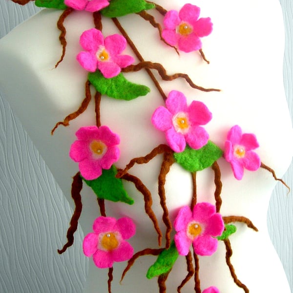  Hand Felted,  felted scarf-NECKLACE-100% WOOL MERINO-SAKURA  BLOSSOM-