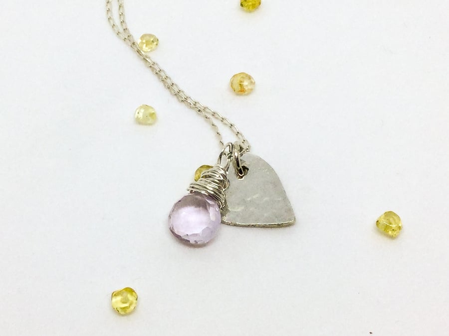 Sterling Silver Heart with Pink Amethyst Gemstone Necklace 