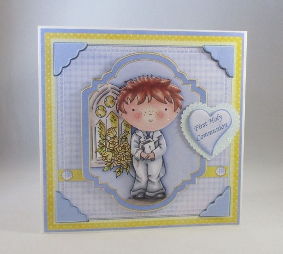 Handmade Decoupage, 3D, Holy Communion Card, Boy, Personalise,Rosary Beads