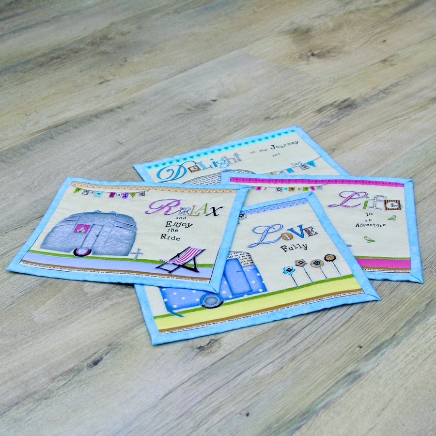 Beautiful Bundle - Set of Four Mug Rugs with Vintage Caravans.