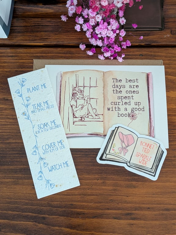 Bookish Letterbox Stationary Gift - Greeting Card, Plantable Bookmark, Sticker