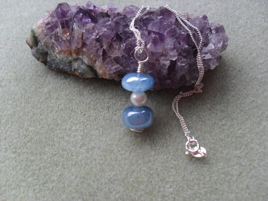 Sterling Silver Chalcedony and Pearl Necklace