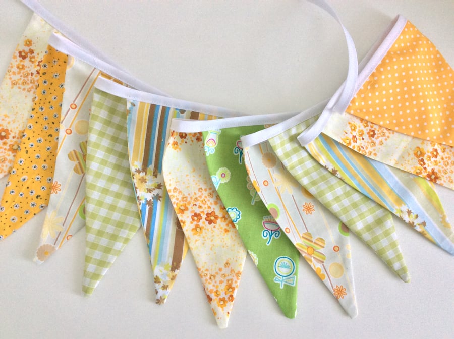 Yellow and lime green Bunting - 11 flags, spots, floral and patterns