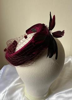 Cherie - Burgundy Velvet Feather Headband Fascinator with Birdcage Veiling 