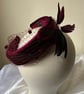 Cherie - Burgundy Velvet Feather Headband Fascinator with Birdcage Veiling  - Image 1