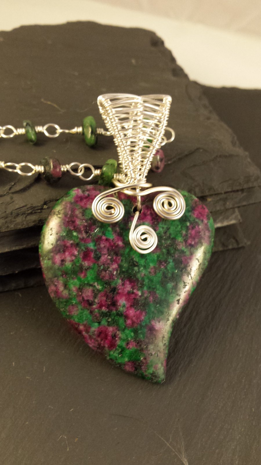 Ruby Zoisite Heart Wire Wrapped Pendant and Rosary Chain
