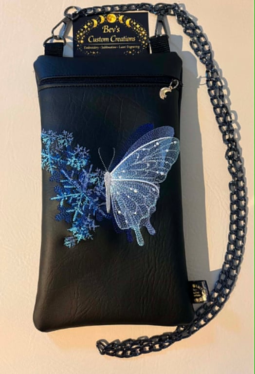 Winter Butterfly Embroidered Crossbody Bag - Icy Blue Floral Design
