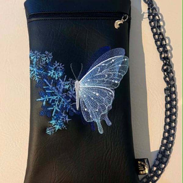 Winter Butterfly Embroidered Crossbody Bag - Icy Blue Floral Design