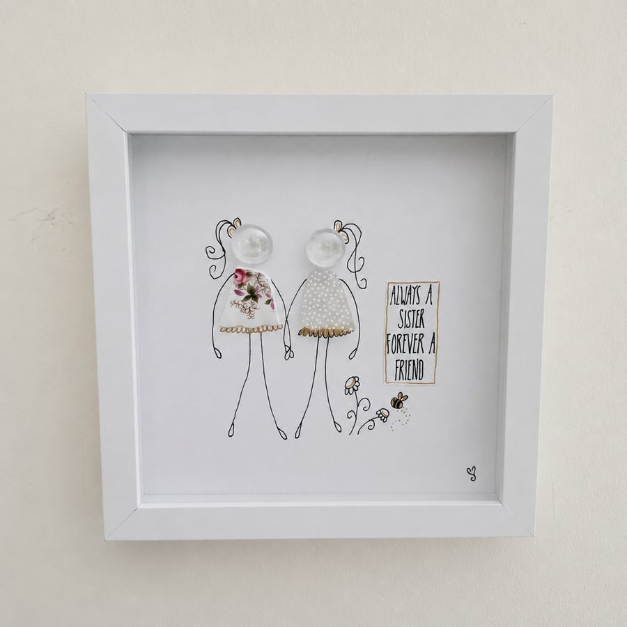 Always A Sister Forever A Friend Sea Glass & Vintage China Shadow Box - Handmade