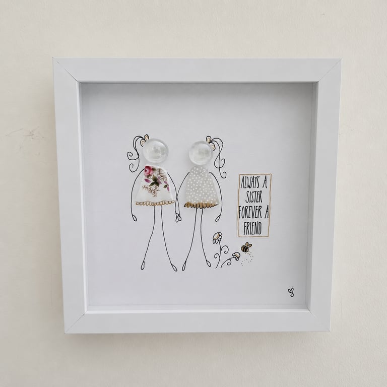 Always A Sister Forever A Friend Sea Glass & Vintage China Shadow Box - Handmade