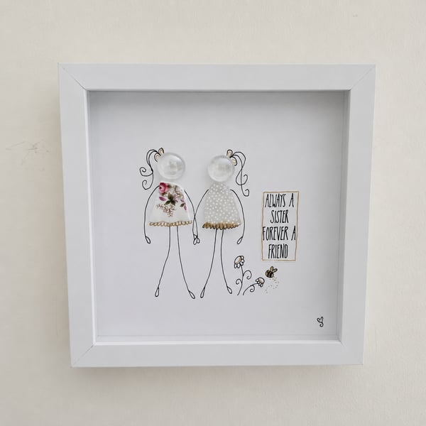 Always A Sister Forever A Friend Sea Glass & Vintage China Shadow Box - Handmade