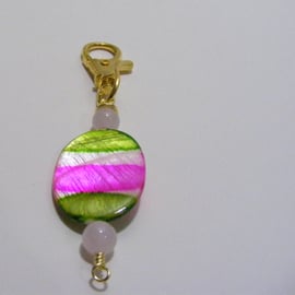 Green and Pink Shell and Rose Quartz Bag Charm
