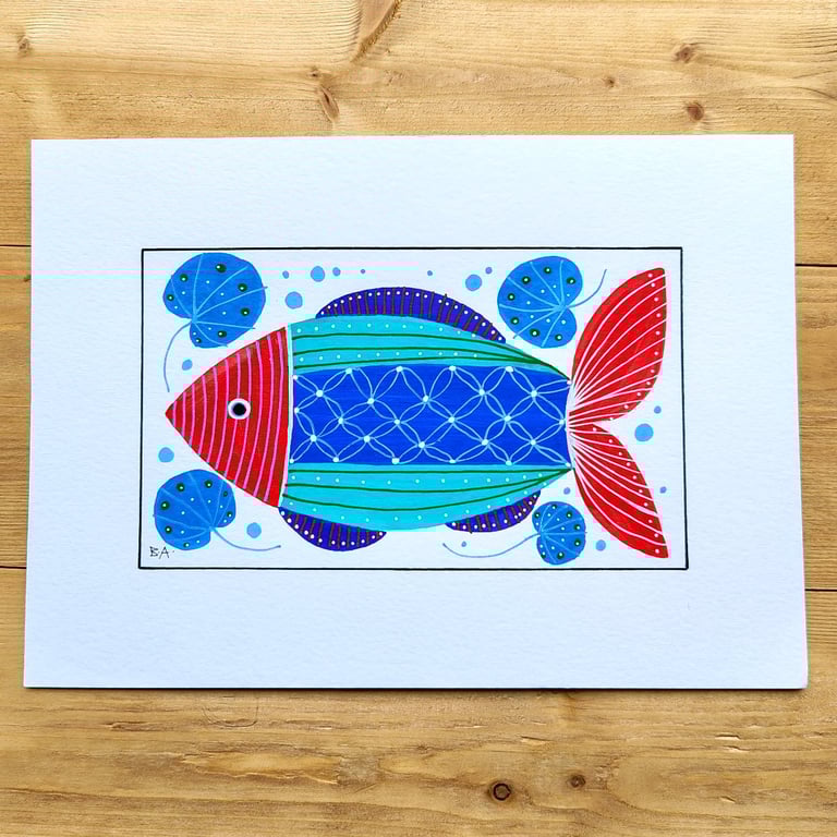 A5 colourful fish painting in folk art style original wall art blue fish artwork