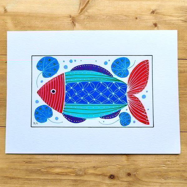 A5 colourful fish painting in folk art style original wall art blue fish artwork