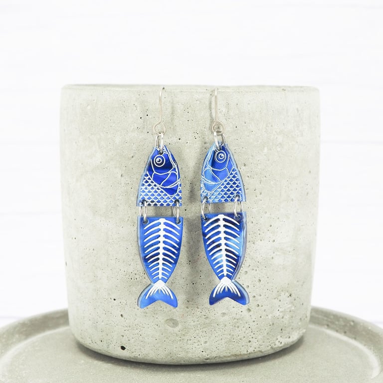 Titanium earrings - Fish bone dangle - Unique - Blue marble acrylic 