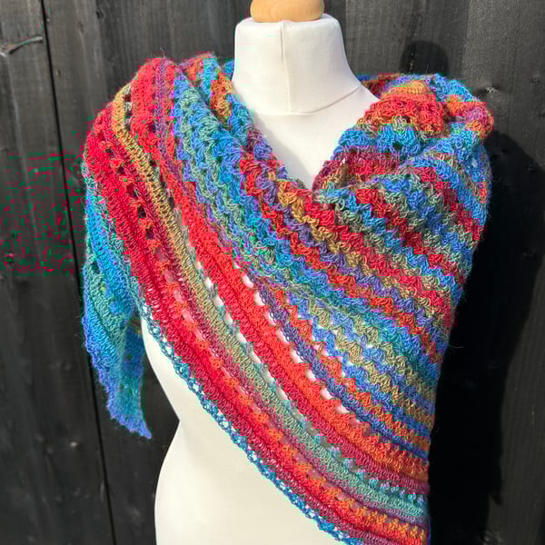 Bold colourful lace triangle shawl scarf in wool rich sock yarn
