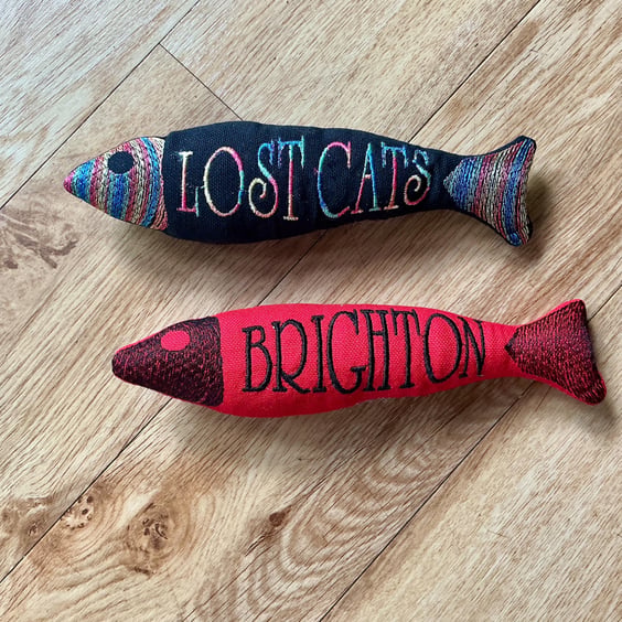 Personalised cat toy. Cotton canvas fish shaped kicker toy.