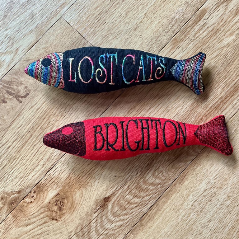 Personalised cat toy. Cotton canvas fish shaped kicker toy.