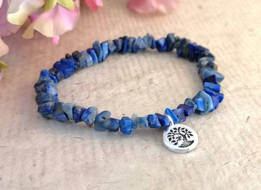 Lapis lazuli chip stretch bracelet with bird in tree charm, September birthday