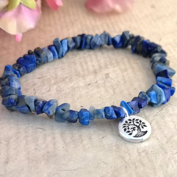 Lapis lazuli chip stretch bracelet with bird in tree charm, September birthday