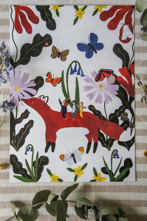 Wildflowers With Fox And Children, A4 Art Print