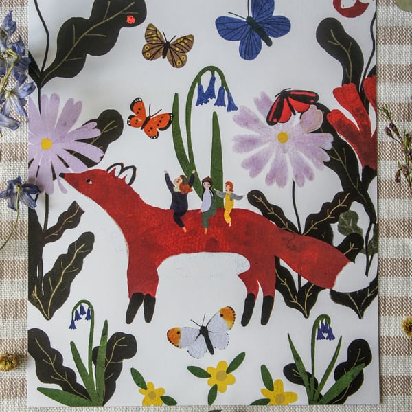 Wildflower Fox With Children A4 Art Print