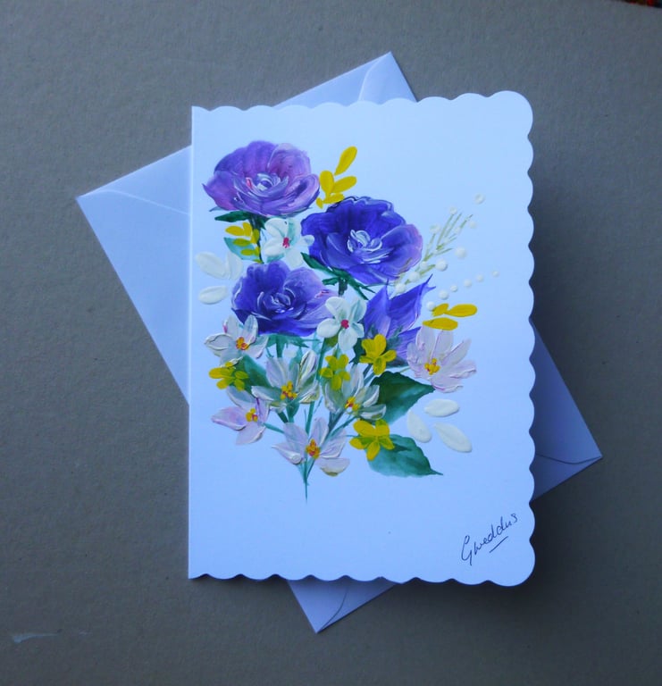 hand painted original art roses greetings card ( ref FA 207 B3 )