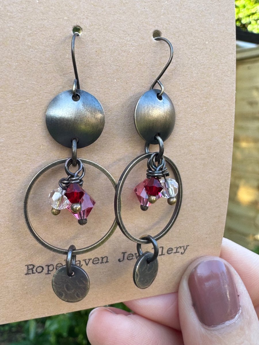 Antique Finish Crystal Dangle Earrings With Pink and Red Crystals Christmas Gift