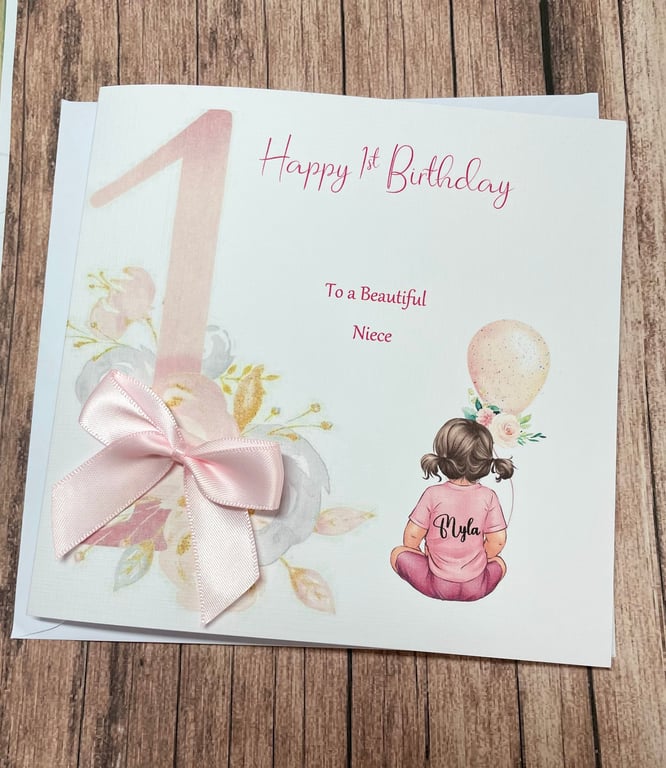 1st Personalised Girls Pink Floral Cute Birthday Card Handmade First Birthday