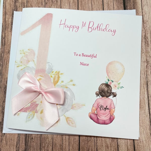 1st Personalised Girls Pink Floral Cute Birthday Card Handmade First Birthday