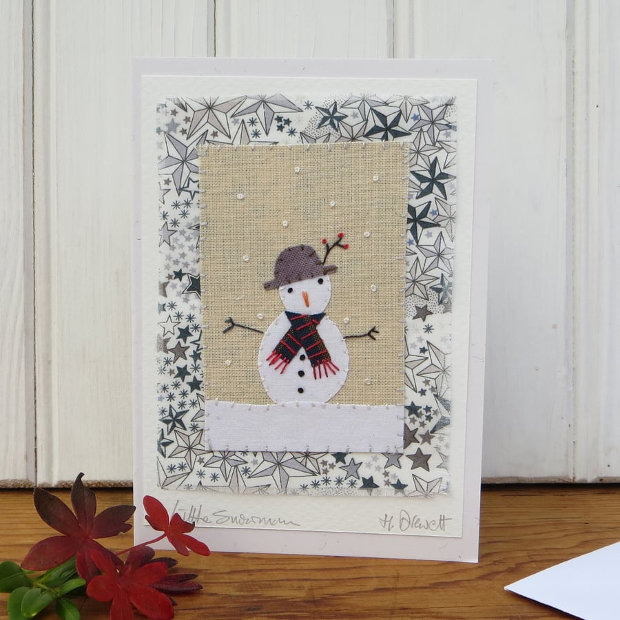 Sweet little snowman card with Liberty print background and berries in his hat!