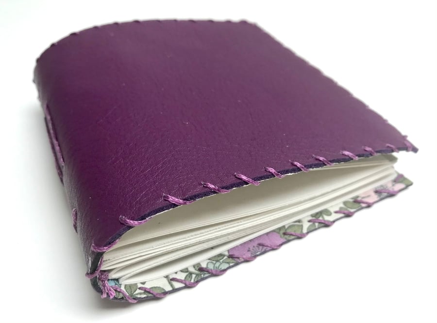 Small Purple Handmade Leather notebook Floral Fabric Lining recycled Paper