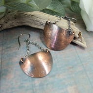 Earrings, Sterling Silver and Star Patterned Copper Half Circle Long Droppers