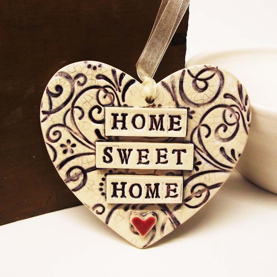 Purple ceramic heart decoration Home Sweet Home Pottery