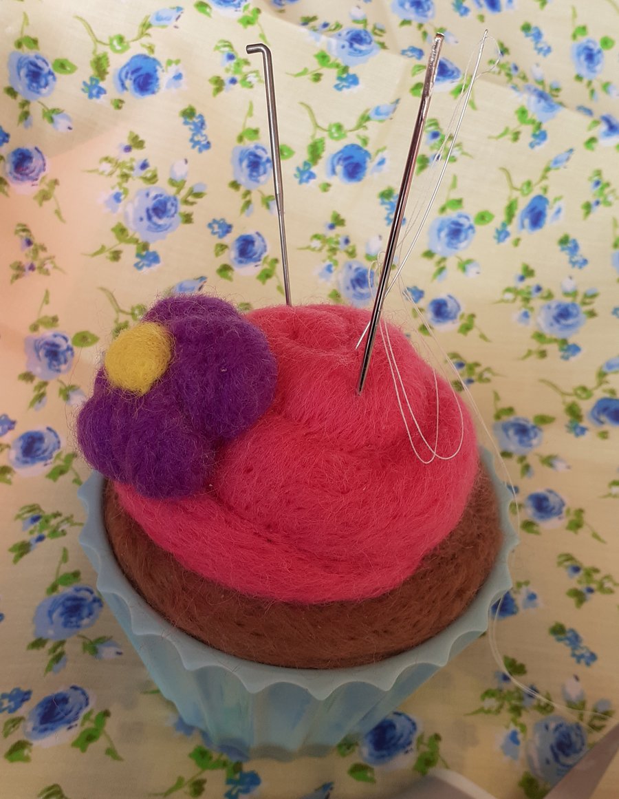 Hand Felted Cupcake Pin and Needle Cushion 