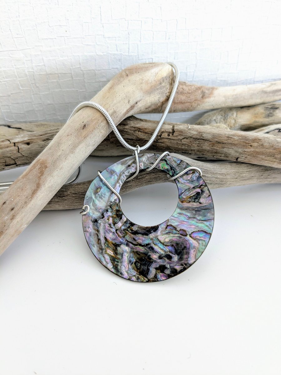 Abalone Shell Pendant on Long Sterling Silver Necklace